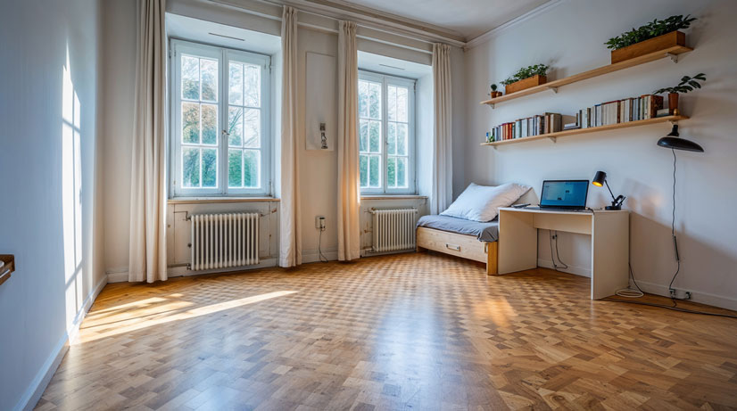 Möbliertes Studentenzimmer mit Schreibtisch und Bett